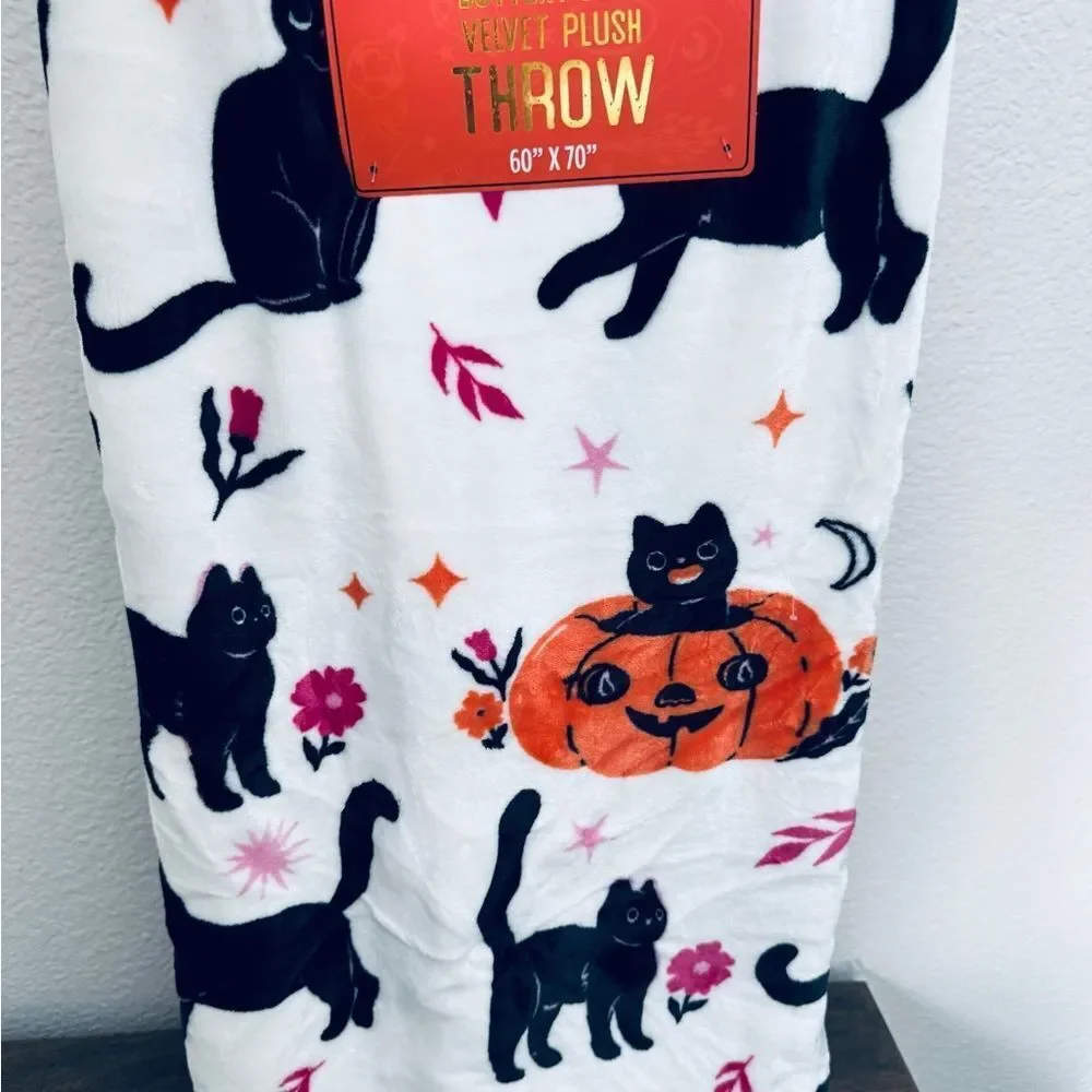 Mystical Enchanted Black Cat Halloween Fall Plush Throw Blanket